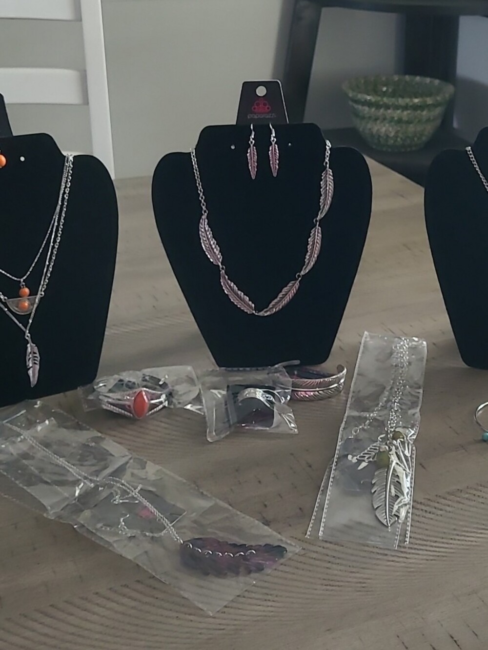 Silver Tone Feathers & Bead Accents Necklace Sets, Bracelets, Earrings, Ring